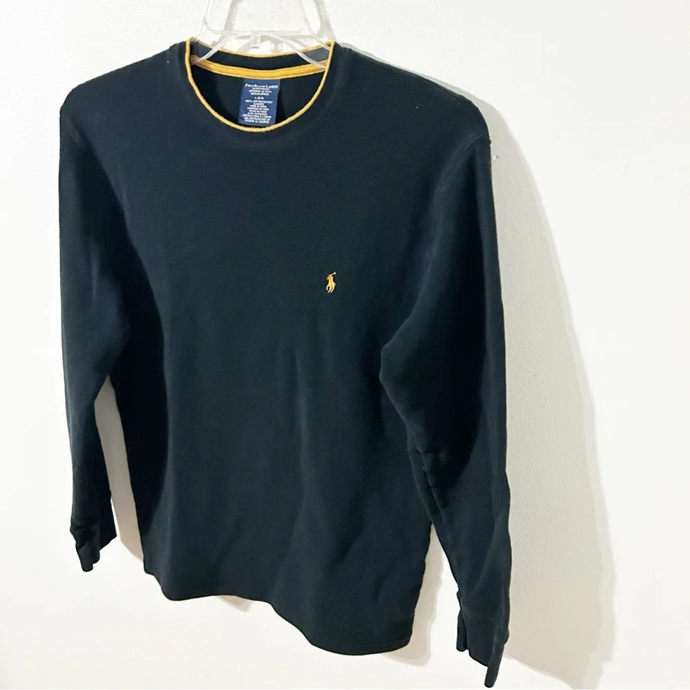 Polo Ralph Lauren Sleepwear Black Waffle Knit Long Sleeve Tee Gold Logo Accent